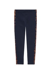Marineblauwe legging gemaakt van zachte stof, met een oranje gedrukt tekstontwerp langs de buitenzijden. Slim fit met een elastische tailleband.
