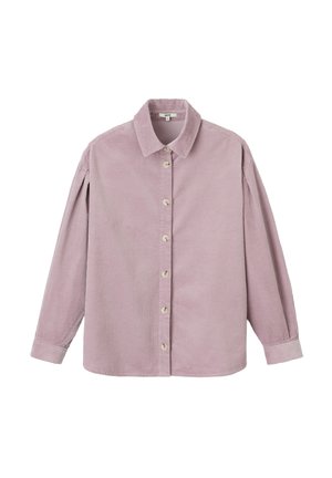 Chemise en velours côtelé lilas clair à manches longues avec un devant boutonné, texture douce et col classique. Présente une coupe décontractée et des manches à poignets.