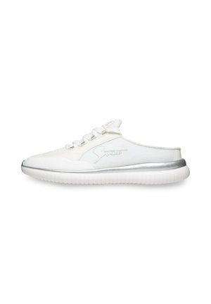 White slip-on sneaker with laces, silver trim around the sole, mesh fabric, and low back heel.