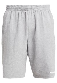 Shorts de sport en coton gris avec une taille élastique, des poches latérales et un logo imprimé en blanc sur la partie inférieure de la jambe droite.
