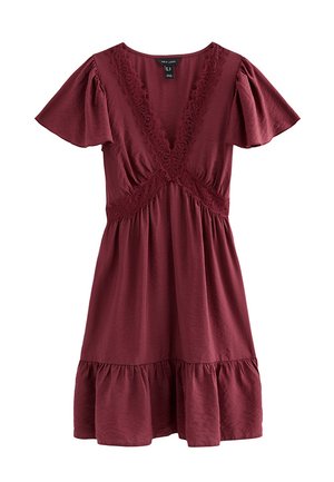 New Look, CRINKLE TEXTURE LACE TRIM V NECK MINI DRESS - Vestito casual - burgundy
