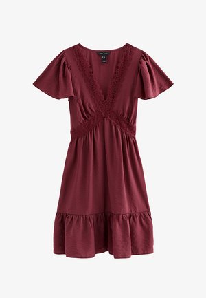New Look, CRINKLE TEXTURE LACE TRIM V NECK MINI DRESS - Vestito casual - burgundy