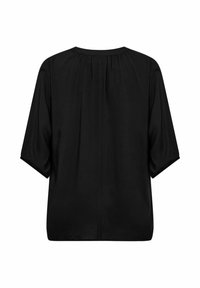 Top corto a maniche corte di colore nero con vestibilità comoda, caratterizzato da pieghe sul retro e un collo arrotondato. Tessuto morbido e liscio.