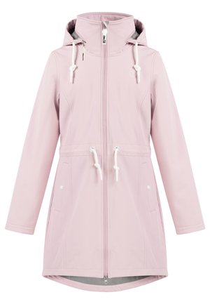 Jachetă waterproof roz deschis, cu glugă, închidere cu fermoar, talie ajustabilă cu șnur și buzunare laterale. Textură netedă și design minimal.