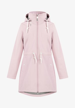 Heledad roosa veekindel jope, millel on kapuuts, lukukinnitus, reguleeritav vöökoht ja küljetaskud. Sile tekstuur ja minimalistlik disain.