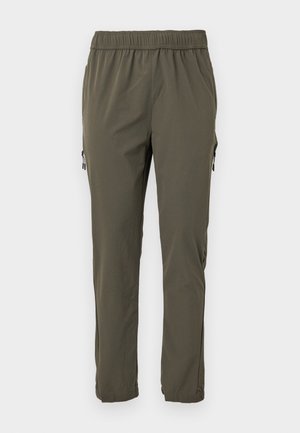 Olivengrønne, letvægtsbukser med elastisk talje og to lynlåslommer på siden. Tapered design med en glat tekstur.