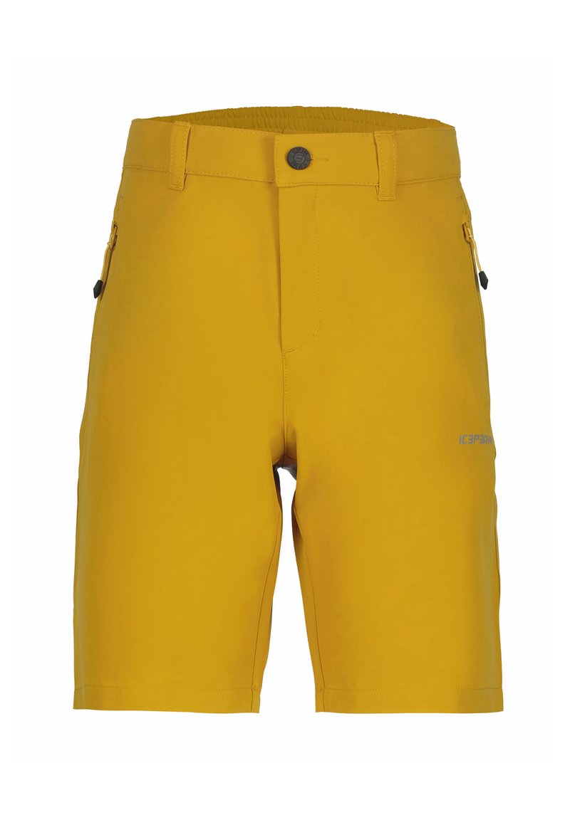 Pantalones cortos amarillos con parte delantera plana, cinturilla elástica y bolsillos con cremallera a los lados. Textura suave con mínima identificación en la pierna.