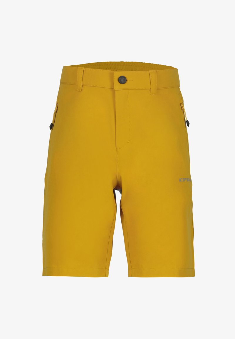 Gula shorts med platt frampanel, elastisk midja och dragkedjefickor på sidorna. Slät textur med minimal branding på benet.