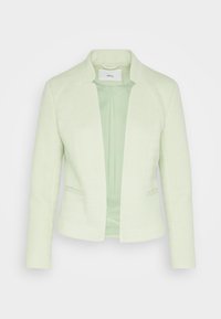 Blazer vert clair avec un motif chevrons texturé, devant ouvert, coupe ajustée, manches longues, avec deux poches latérales.