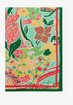 Lillelille musteriga lilleline sall, kus säravad punase, roosa, kollase ja rohelise värvi motiivid minta taustal, kontrastse rohelise äärisega.