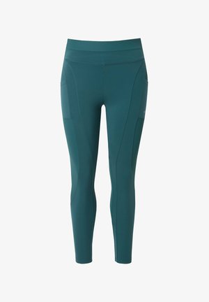 Türkisfarbene Leggings mit hoher Taille, seitlichen Taschen und gerippten Paneelen entlang der Beine, entworfen für Sportbekleidung oder den Freizeitgebrauch.