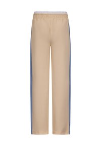 Beige broek met een wijd broekdesign, elastische tailleband en blauwe zijstrepen. Gemaakt van een soepele stof, biedt een ontspannen pasvorm.