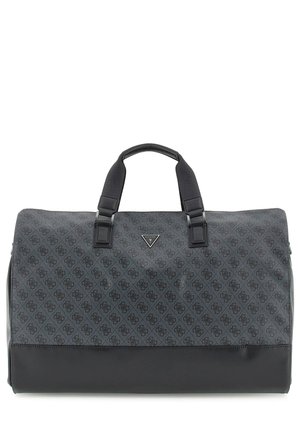 Sac de voyage noir et gris avec un extérieur en tissu à motif, base en cuir noir lisse, doubles poignées supérieures et un logo de marque triangulaire.
