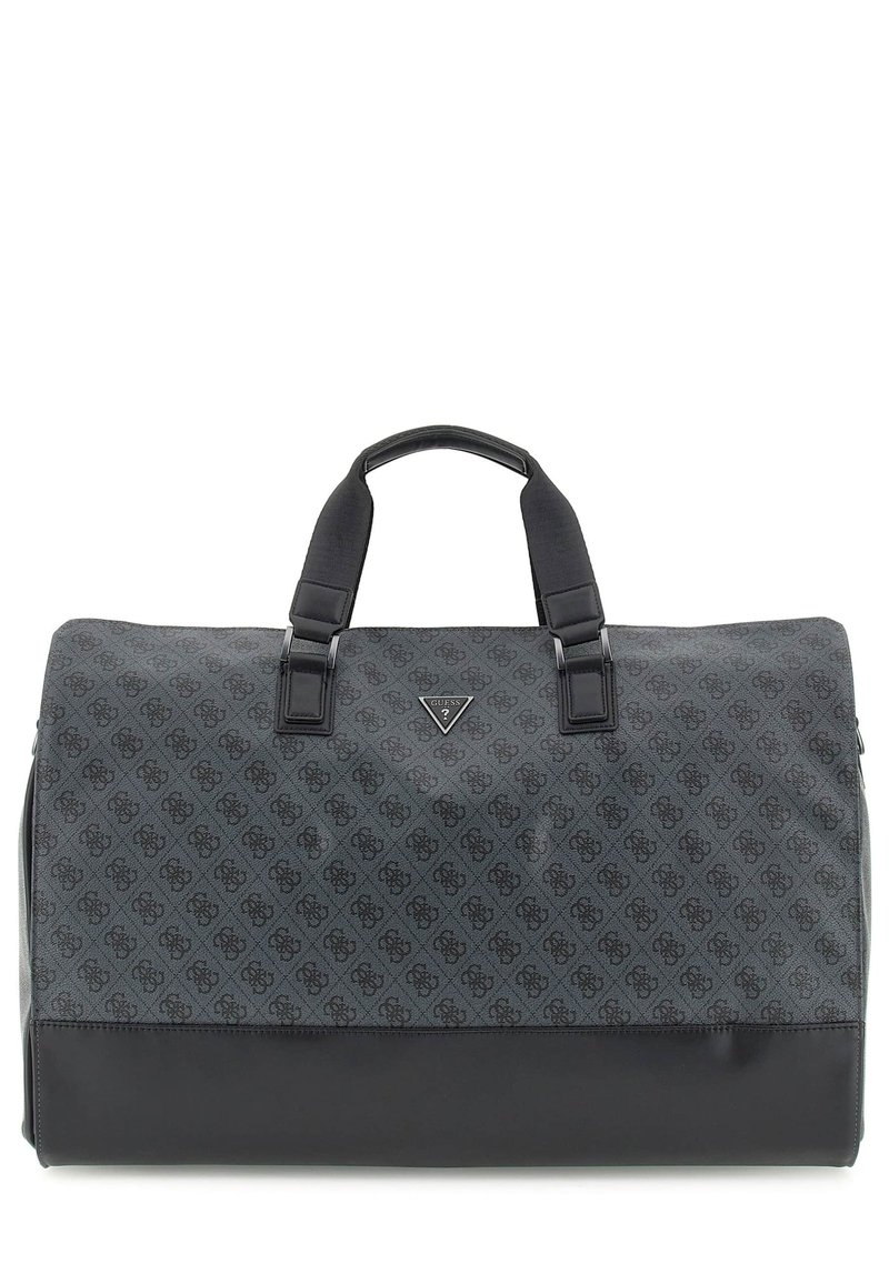 Borsa da viaggio nera e grigia con esterno in tessuto a motivo, base in pelle nera liscia, doppi manici superiori e logo di marca triangolare.