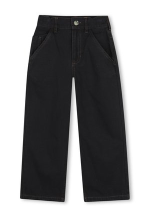 Pantalones negros de pierna ancha con bolsillos delanteros, cierre de botón y costuras visibles sobre fondo blanco.