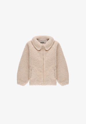 Giacca sherpa color crema con cerniera, tessuto morbido e testurizzato, collo arrotondato e maniche lunghe.