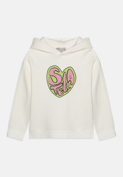 White hooded sweatshirt with a large heart graphic. Green outline with pink textured letters spelling "SLA". Casual design with ribbed cuffs.