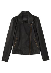 Veste de motard en cuir noir avec une fermeture éclair dorée asymétrique, deux poches latérales zippées et un large col à revers.
