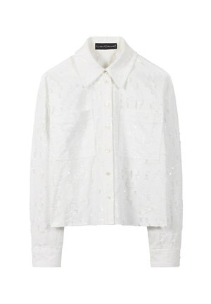 White long-sleeve button-up shirt with two front pockets, a wide collar, and subtle sequin embellishments from Luisa Cerano.