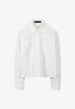 White long-sleeve button-up shirt with two front pockets, a wide collar, and subtle sequin embellishments from Luisa Cerano.