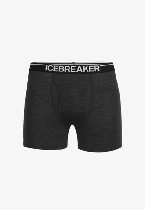 Svarte boxer truser laget av lett stoff, med en myk elastisk midje med "ICEBREAKER"-logo og en funksjonell åpning foran.