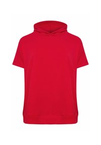 Röd hoodie med korta ärmar tillverkad av en blandning av bomull. Har en avslappnad passform, en justerbar dragsko vid huvan och en rak nederkant.