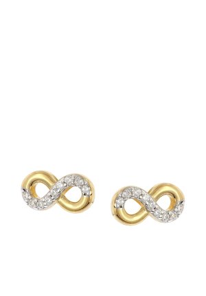 Gold infinity symbol stud earrings partially encrusted with small clear gemstones on a white background.