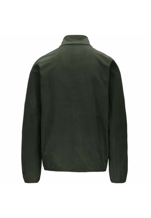 Giacca in fleece verde scuro con maniche lunghe, colletto e una texture liscia. Presenta un design semplice e pulito, senza decorazioni.