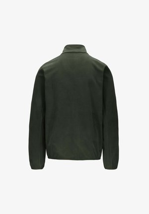 Giacca in fleece verde scuro con maniche lunghe, colletto e una texture liscia. Presenta un design semplice e pulito, senza decorazioni.