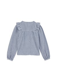 Juostuota ilgomis rankovėmis bluzonė su raukiniais prie kaklo ir surinkta nugara. Pagaminta iš lengvos medžiagos su elastingomis rankogaliais. Spalvos: balta ir tamsiai mėlyna.