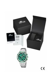 Orologio Lotus con quadrante verde, cinturino in acciaio inox argentato, lunetta ottagonale con cristalli e confezione nera con logo del marchio.