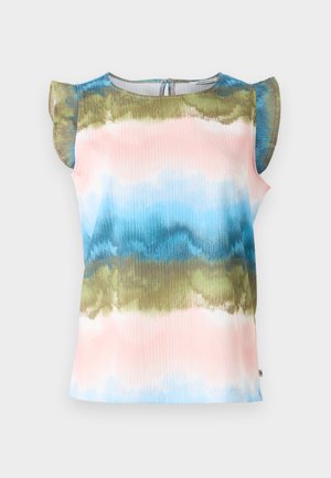 Top a maniche corte con un motivo tie-dye multicolore in ondulato, nei toni del rosa, blu e verde. Tessuto leggero con spalline arricciate.