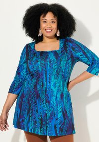 Ulla Popken ABSTRACT LEAF PRINT SWEETHEART NECKLINE - Maglietta a manica lunga - teal