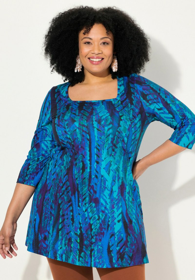Ulla Popken ABSTRACT LEAF PRINT SWEETHEART NECKLINE - Maglietta a manica lunga - teal