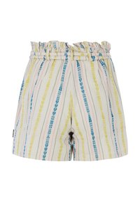 Shorts en coton colorés avec une taille froncée. Le motif présente des rayures verticales en bleu, jaune, rose et vert sur un fond clair.