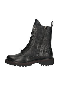 Schwarze knöchelhohe Schnürstiefel mit Krokodilgeprägtem Muster, Reißverschluss und robuster Gummisohle. Verfügt über eine Zuglasche hinten und eine rot akzentuierte Sohle.