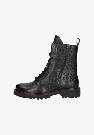 Black lace-up ankle boots with a crocodile texture, zipper closure, and sturdy rubber sole. Features a back pull tab and red-accented sole.