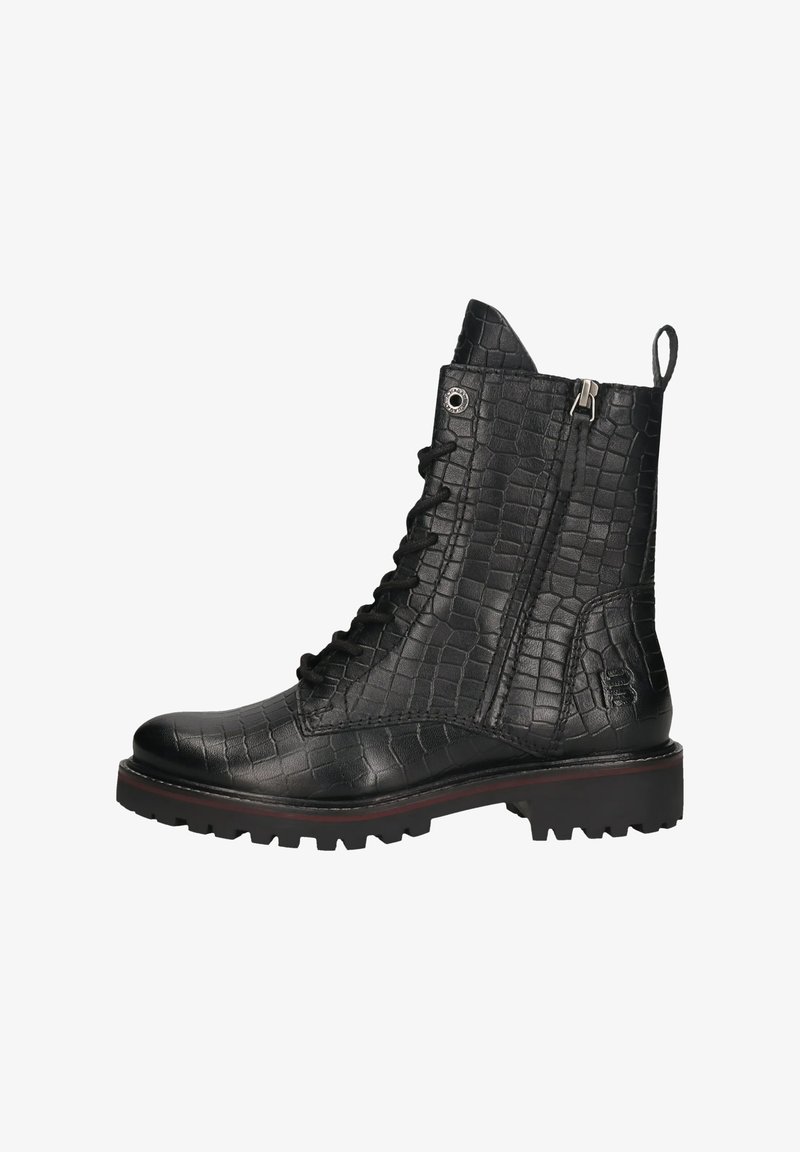 Black lace-up ankle boots with a crocodile texture, zipper closure, and sturdy rubber sole. Features a back pull tab and red-accented sole.