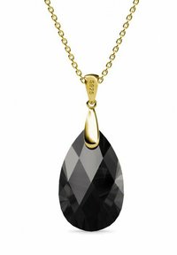 Pendente a goccia in cristallo nero con superficie sfaccettata, sospeso da una catena in oro giallo, con un gancio in oro liscio.