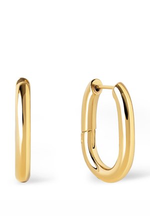 Ovalni naušnice u obliku obruča od poliranog zlata s glatkom površinom, prikazane jedna pored druge, jedna prikazuje prednju stranu, a druga mehanizam kopče.