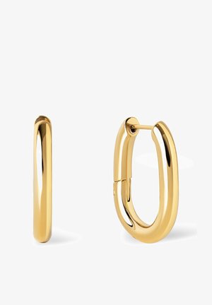 Kiillotetut kultaiset ovaalinmuotoiset korvarenkaat, joissa on sileä pinta, esitetty vierekkäin, toinen edestä ja toinen lukitusmekanismista.