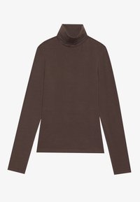 Barna, hosszú ujjú garbó pulóver, puha anyagból készült. Fitted dizájn jellemzi, minimális varrásokkal és magas nyakkal. Nincsenek látható minták vagy kiegészítők.
