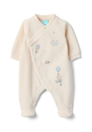 Crèmekleurige babyromper met voetjes, blauw geborduurde heteluchtballon, muis die ballon vasthoudt, sterren en tekst "Let the adventure begin."