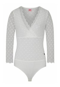Weißes langärmeliges Bodysuit mit einer Spitzenüberlagerung im Diamantmuster, gewellten Kanten und einem V-Ausschnitt. Strukturierter Stoff.