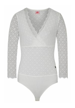 Weißes langärmeliges Bodysuit mit einer Spitzenüberlagerung im Diamantmuster, gewellten Kanten und einem V-Ausschnitt. Strukturierter Stoff.