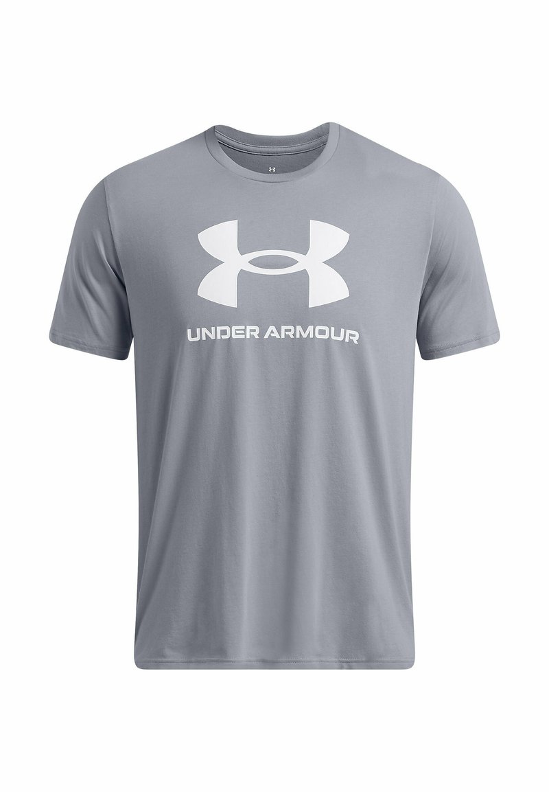 Szara koszulka z krótkim rękawem, wykonana z miękkiego materiału, z dużym białym logo Under Armour z przodu oraz dekoltem typu crew neck.