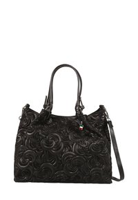 Sac à main en cuir noir avec motif en relief en spirale, double anses, bandoulière amovible et petit charme drapeau italien sur la tirette.