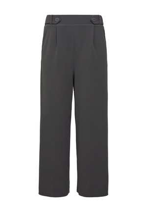 Weite Hosen aus dunkelgrauem Stoff, mit zwei dekorativen Knöpfen am Bund, Falten vorne und einer glatten Textur.