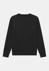 Schwarzer Rundhalsausschnitt-Sweatshirt mit langen Ärmeln, aus glattem Stoff gefertigt. Mit gerippten Bündchen und Saum, ohne Muster oder Verzierungen.