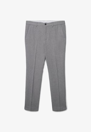 Graue Wollhose mit glatter Textur, slim fit, zwei Vordertaschen und einem einzigen Knopfverschluss. Mit dezenten Nähten.